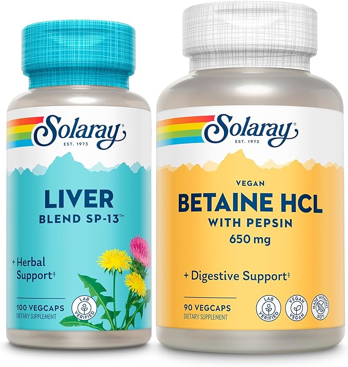 SOLARAY Liver Blend SP-13 and Vegan Betaine HCl with Pepsin - Wellness and Digestive Enzymes Bundle - Herbal Support w/Milk Thistle Dandelion - Betaine Hydrochloride for Gut Health 100/90 VegCaps