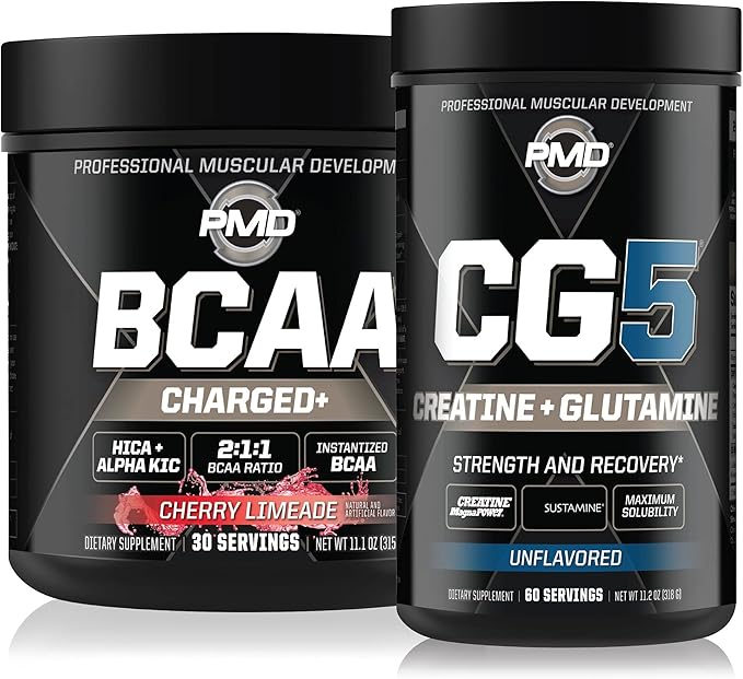 PMD Sports CG5 - Premium Creatine and L-Glutamine Powder (60 Servings) &amp PMD Sports BCAA Charged Amino Acids for Enhanced Recovery – Cherry Limeade (30 Servings)