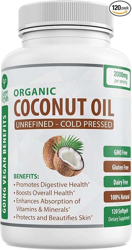 Organic Coconut Oil Capsules 2000mg - 100% Extra Virgin Cold Pressed for Healthy Skin Extra Hair Growth Nail Care Brain Booster - 120 Softgels - Unrefined Pure &amp Non GMO Pills - Rich in MCT