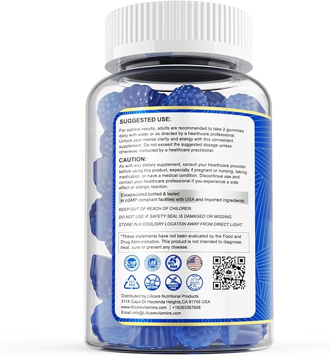 LILICARE Methylene Blue Gummies for Humans Brain Supplement with NAC VIT B3 &amp L-Theanine Brain &amp Mitochondrial Support Enhances Energy Focus and Cognitive Clarity Sugar Free 120 Ct