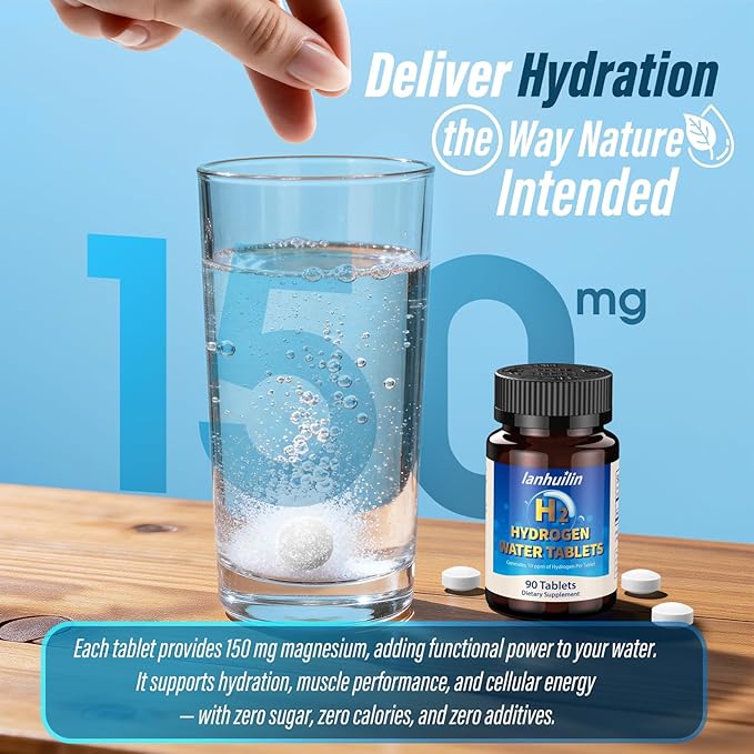 Hydrogen Water Tablets 150mg Magnesium – 10 PPM Molecular Hydrogen Tablets for Drinking Water Supports Healthy Aging Cellular Energy Recovery &amp Brain Health – GMO-Free &amp Gluten-Free 90 Tab