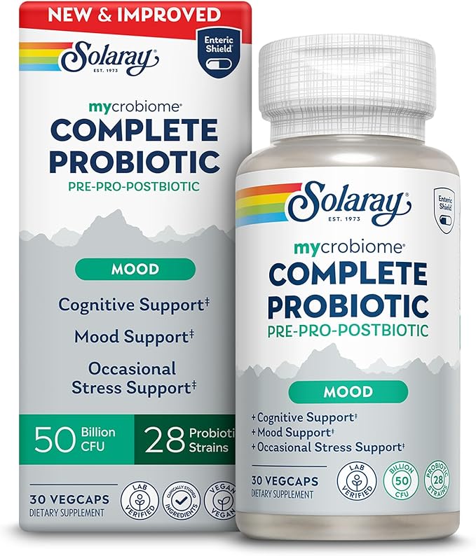 SOLARAY Mycrobiome Complete Probiotic Mood Formula - Pre and Probiotics for Women and Men Plus Postbiotic - 50 Billion CFU 28 Strains - Vegan Clinically Studied Ingredients - 30 Servings 30 VegCaps