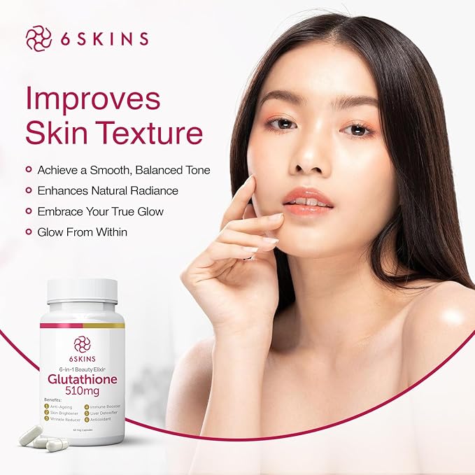 6SKINS®6in1 Beauty Elixir with Liposomal Glutathione 510mg | Glutathione Supplement 4X Better Absorption - Immune Support Liver Detox Powerful Antioxidant for Healthier Skin - 60 Capsules