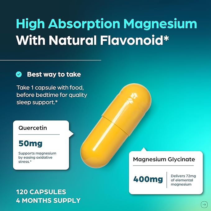 Magnesium Glycinate 400mg High Absorption Capsules with Quercetin | Quality Sleep Relaxation &amp Muscle Health Supplement for Women and Men | Chelated Magnesium 120 Count (Pack of 1) | Easy to Swal