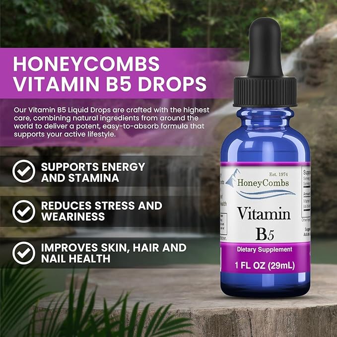 HoneyCombs Vitamin B5 Liquid Drops Pantothenic Acid 500% DV Liquid B5 Supplement Vegan Vitamin B Complex Liquid Fast Absorbing Vitamin Drops Daily Nutritional Support for Adults 1oz