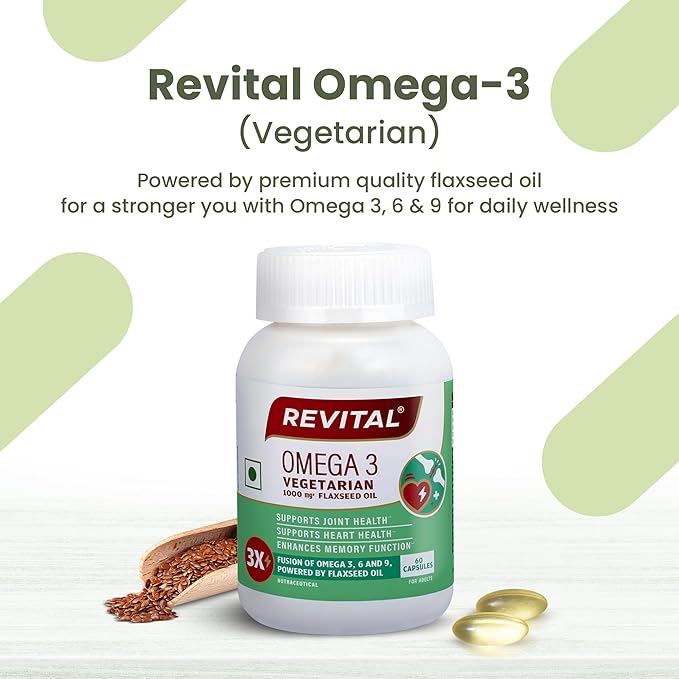Revital Omega 3 Vegetarian 1000mg Flaxseed Oil |Supports Joint Health Heart Health and enhances Memory Function | Fusion on Omega 36 and 9 |Plant-Powered| 60 Capsules