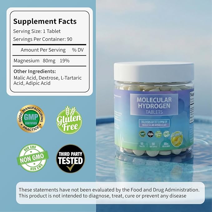 BODY C.E.O. Hydrogen Water Tablets with Magnesium | Molecular Hydrogen Tablets for Drinking Water | Support Energy Focus &amp Antioxidant Balance | Vegan &amp Gluten Free Supplement| 90 Count (Lemon