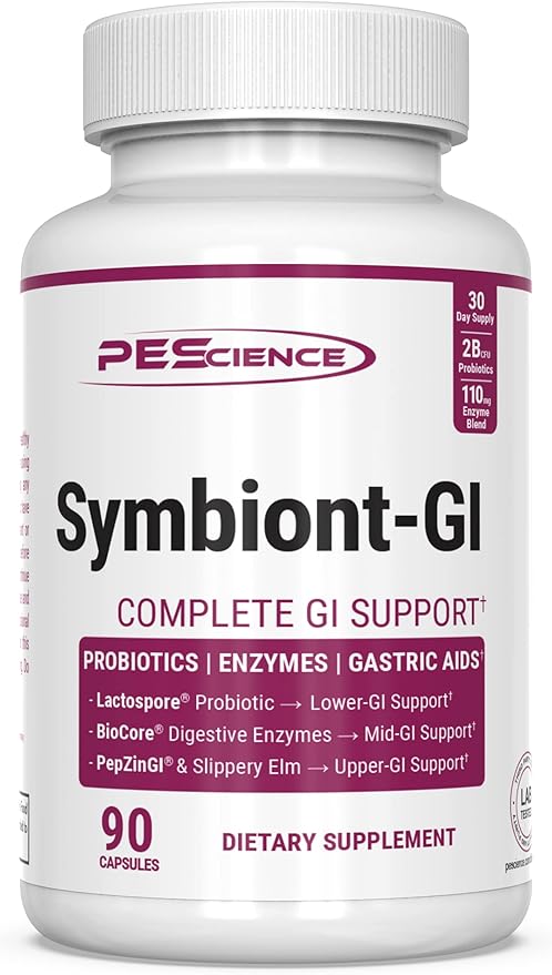 PEScience Symbiont-GI Gut Health Capsules with Zinc Carnosine Pepzin GI Shelf Stable Probiotic Digestive Enzymes Slippery Elm Bark 30 Day Supply 90 Capsules