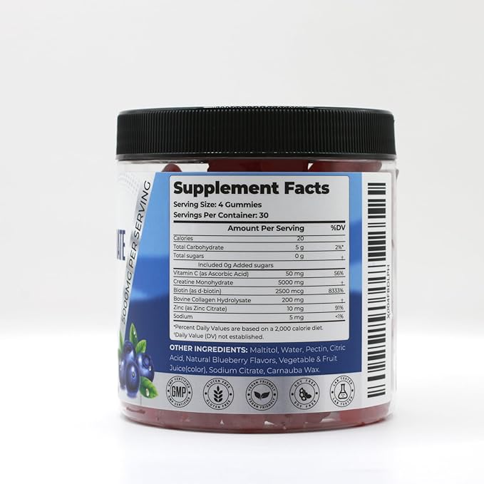 HoneySea Creatine Monohydrate Gummies - 5000mg Creatine Natural Blueberry Flavor 120 Count - Vegan Sugar-Free Boosts Performance &amp Recovery