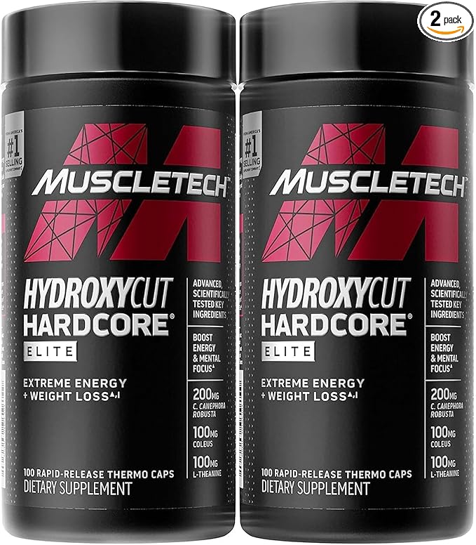 Hydroxycut Hardcore Elite - 100 Rapid-Release Thermo Caps - Energy &amp Focus - for Men &amp Women - 50 Servings (Pack of 2)