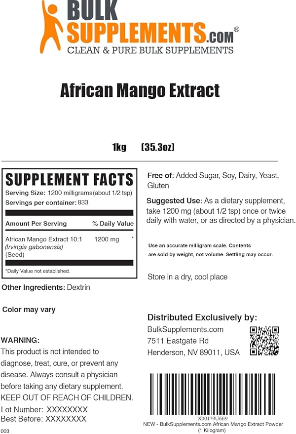 BulkSupplements.com African Mango Extract Powder - Irvingia Gabonensis African Mango Powder - Gluten Free 1.2g per Serving 1kg (2.2 lbs) (Pack of 1)
