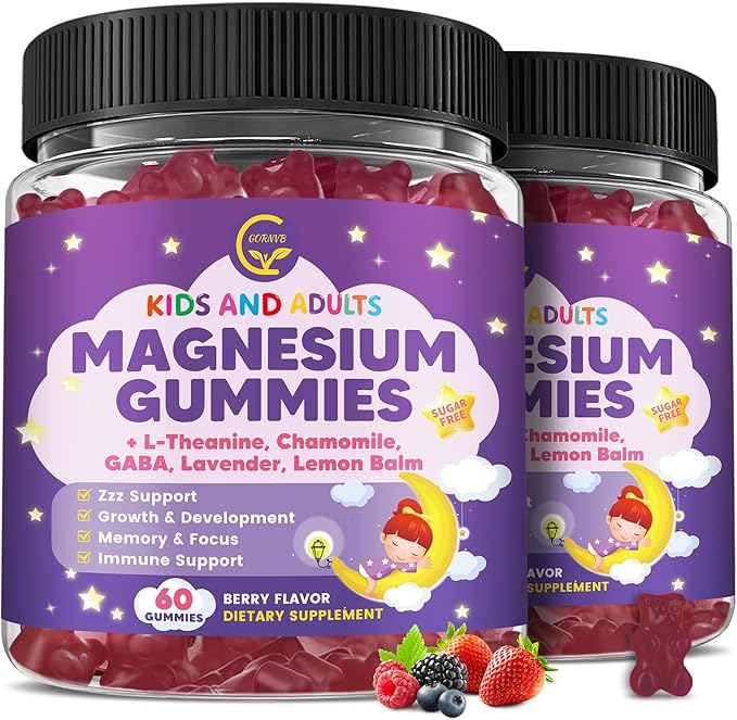 (2 Pack) Magnesium Glycinate Gummies for Kids &amp Adults Sugar Free Magnesium Glycinate 400/200mg Supplement with Chamomile Lavender L-Theanine &amp GABA B6 D3 &amp K2 for Relax Brain Immun