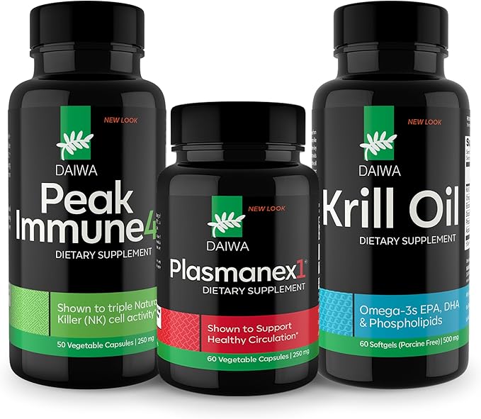 Daiwa Peak Immune 4 - Natural Immune System Booster + Plasmanex 1 – Blood Circulation Supplement + Krill Oil – Omega 3 Krill Oil Capsules