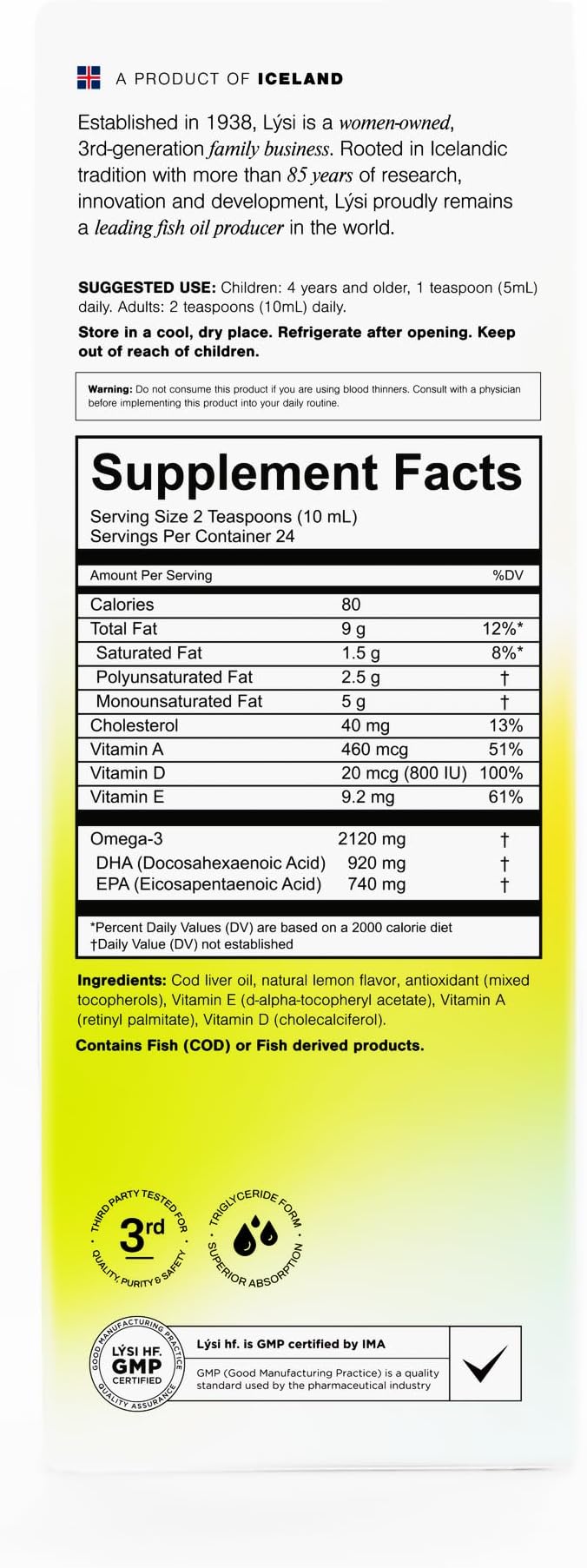 LYSI Icelandic Cod Liver Oil Liquid Supplement – 1100 mg Omega-3 per Teaspoon – EPA 740 mg &amp DHA 920 mg per 2 TSP – with Vitamins A D &amp E – Lemon Flavor 8.12 fl oz (24 Servings)