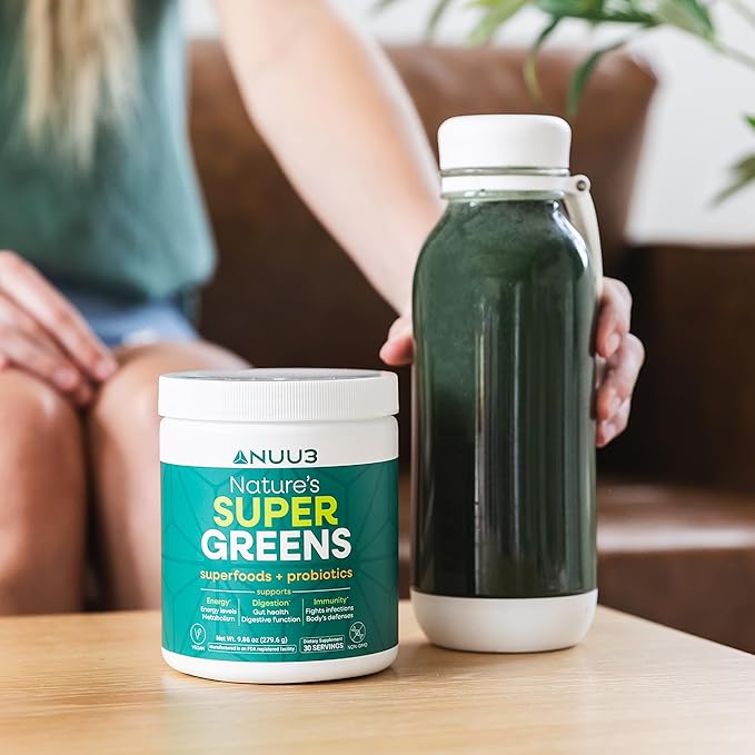 NUU3 Super Greens Superfoods + Probiotics - Immune Support Improved Energy &amp Gut Health Digestive Enzymes - Boosts Immunity - 30 Servings (Unflavored)