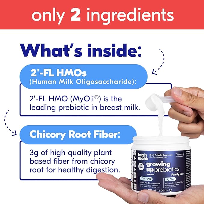 Begin Health Growing Up Prebiotics for Kids | Daily Prebiotic Fiber Supplement with 2'-FL HMO | Supports Regularity &amp Gut Health | Unflavored Powder | Ages 1+ | 56 Servings