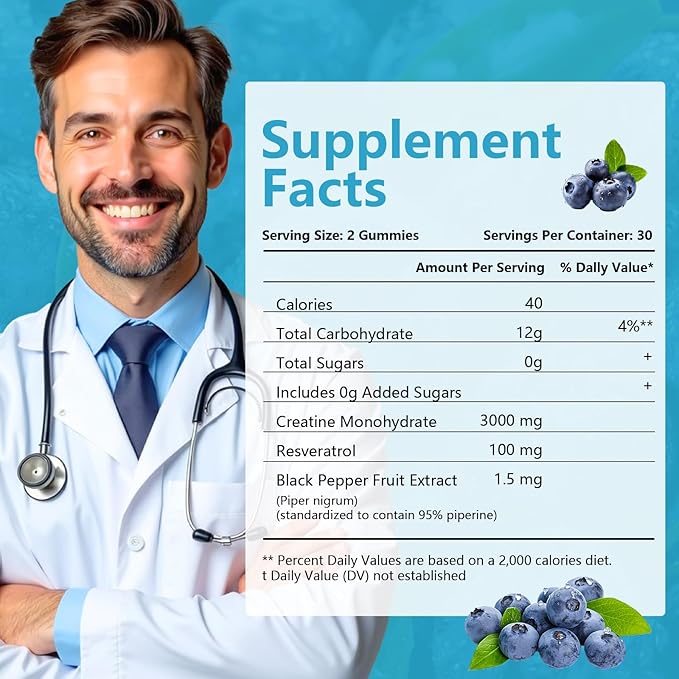 Creatine Monohydrate Gummies for Men &amp Women - 3g of Blueberry Creatine Gummies - Sugar-FreeVegan60 Count