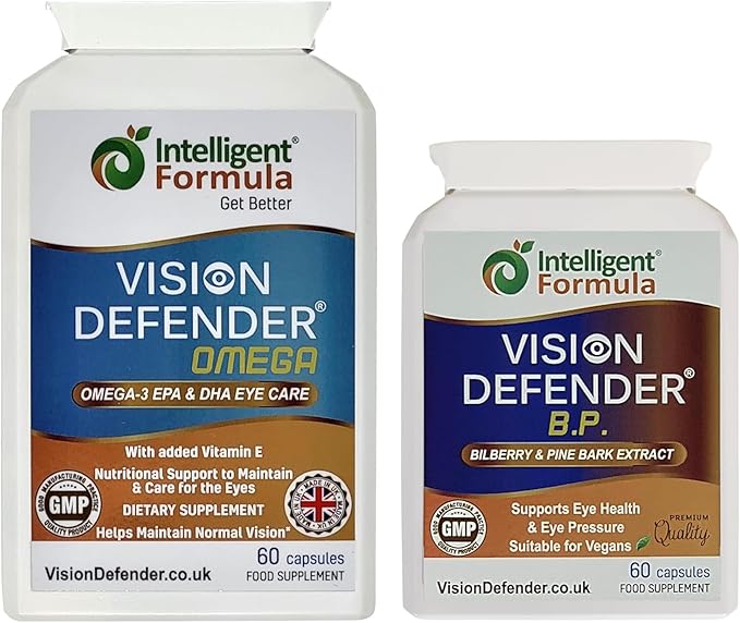 Vision Defender BP and Vision Defender Omega Eye Care Bundle – Eye Supplements to Support Eye Health with Bilberry Pine Bark Omega-3 Fish Oil (EPA DHA) Vitamin E. Made in UK by Eye Specialists