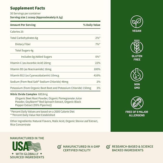 Snap Supplements Organic Beet Root Powder Nitric Oxide Supplement for Men &amp Women Red Spinach &amp Pomegranate Supports Healthy Energy &amp Blood Pressure Already in Normal Range 30 Servings