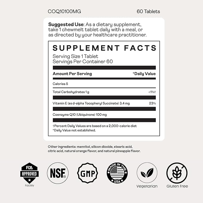 Nuray COQ10 100mg and Vitamin E Chewable Tablets - Quick Dissolving Orange Flavored Energy Supplements - Supports Heart Health &amp Liver Function - 60 Count Vegetarian Gluten Free