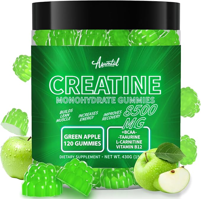 Creatine Monohydrate Gummies Complex 8500 MG for Men &amp Women Creatine Monohydrate Supplement for Muscle Growth Strength &amp Energy Support Pre Workout Gummies 120 Count Green Apple Flavor