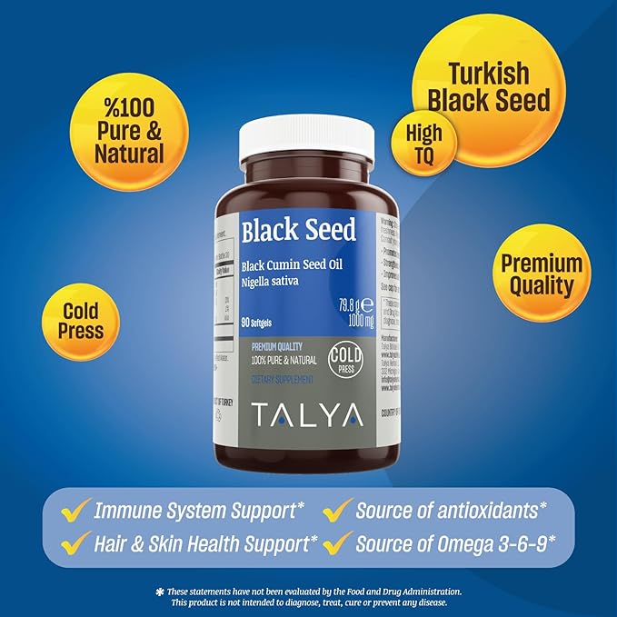 TALYA Black Seed Oil Softgel with High Thymoquinone - Immune Support - Digestive Health - Brain Function - Joint Mobility - Cold-Pressed - Non-GMO - Turkish Black Cumin Seed 90 Capsule