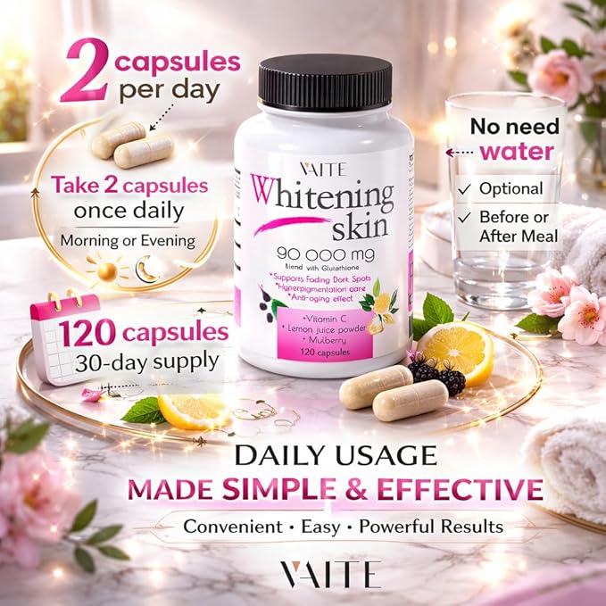 VAITE Glutathione Whitening Pills - Dark Spots &amp Acne Scar Remover - 90000mg - Vegan Skin Bleaching Pills with Anti-Aging &amp Antioxidant Effect - 120 Capsules