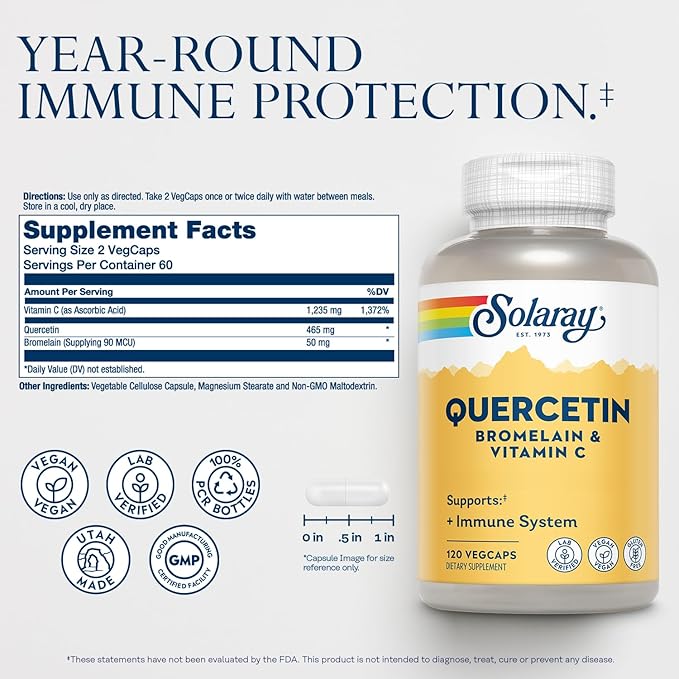 SOLARAY QBC Plex | Quercetin &amp Bromelain Plus Vitamin C | Year Round Immune Function &amp Respiratory Health Support | Non-GMO &amp Vegan | 120 VegCaps