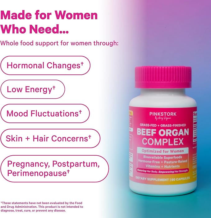 Pink Stork Primal Nutrition &amp Stress Supplements | Cortisol Complex &amp Beef Organ Bundle for Women | Adaptogen Stress Support Energy &amp Hormone Balance