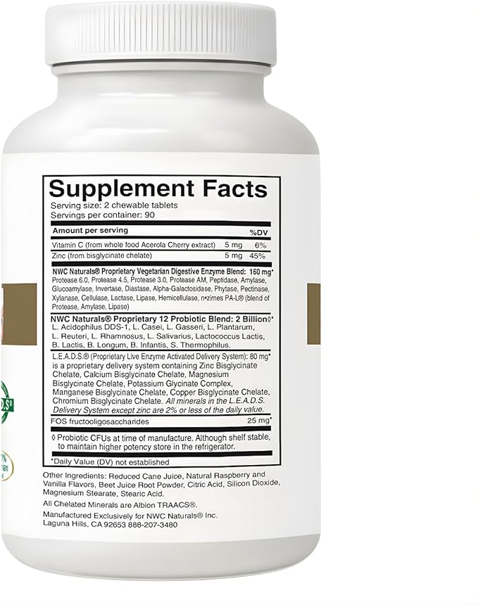 NWC Naturals Belly-Ease Healthy Digestive Enzymes Plus Prebiotics &amp Probiotics Essential Enzymes Vegetarian Better Digestion Full Spectrum Digestive Solution - 180 Count Chewable Tablets
