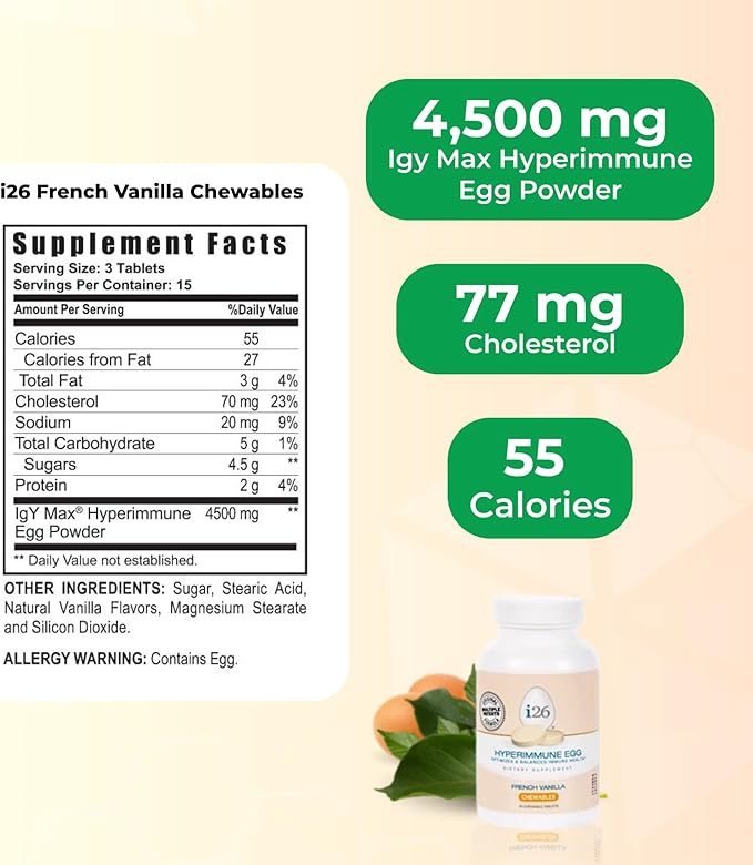 Youngevity i26 Hyperimmune Egg | IgY Max French Vanilla Chewable | Patented Immune Powerhouse Formula | Bone Gut Immune Support Supplement | 45 Chewable Tablets