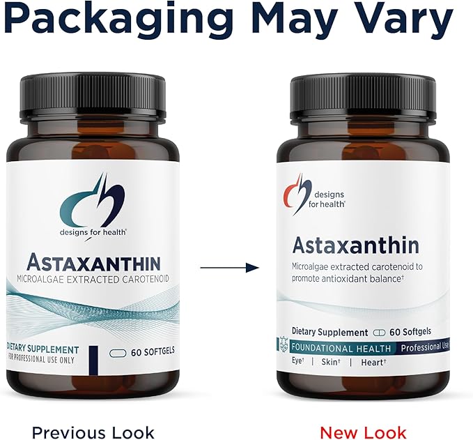 Designs for Health Astaxanthin - Microalgae (Haematococcus Pluvialis) Extracted Carotenoid Antioxidant Supplement - Support for Cardiovascular GI Skin + Eye Health (60 Softgels)
