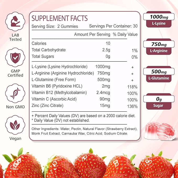 2 Pack L-Lysine Gummies 1000mg Lysine Gummies Supplement for Adults &amp Kids Essential Amino Acid with L-Arginine L-Glutamine for Lip &amp Skin Immune Calcium Absorption Strawberry Flavor 12