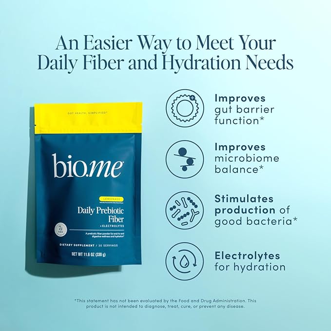 Bio.me Daily Prebiotic Fiber Lemonade with Electrolytes - 7g Per Serving - Soluble Fiber Supplement Powder for Women &amp Men - Digestive Health Gut Health &amp Hydration - Sugar Free - 30 Servings