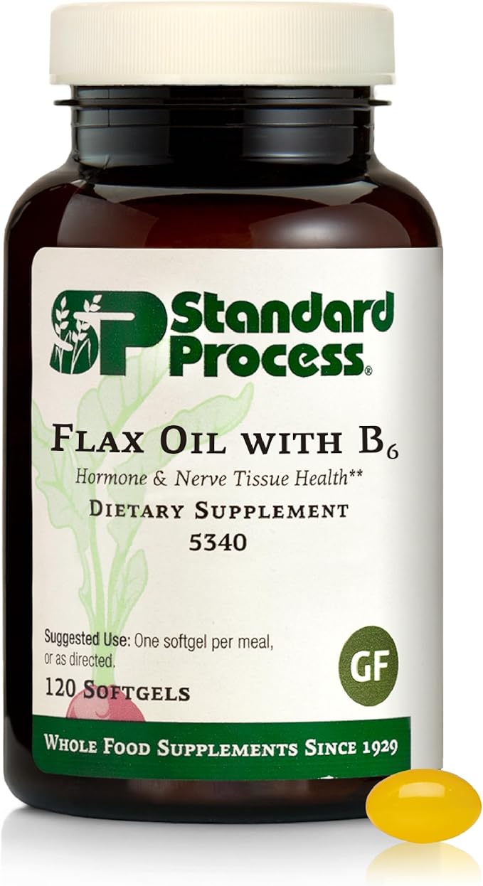 Standard Process Flax Oil with B6 - Supplement for Hormone &amp Nerve Tissue Support - Supports Brain Heart &amp Skin Skin - Gluten-Free Non-Dairy &amp Non-Soy - 120 Softgels (120 Servings)