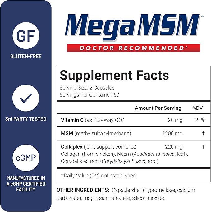 U.S. Doctors’ Clinical Mega MSM Supplement for Joints with MSM + Vitamin C + Collagen and Neem - Clinically Proven to Promote Cartilage Tendon &amp Ligament Health (1 Month Supply – 120 Capsules)