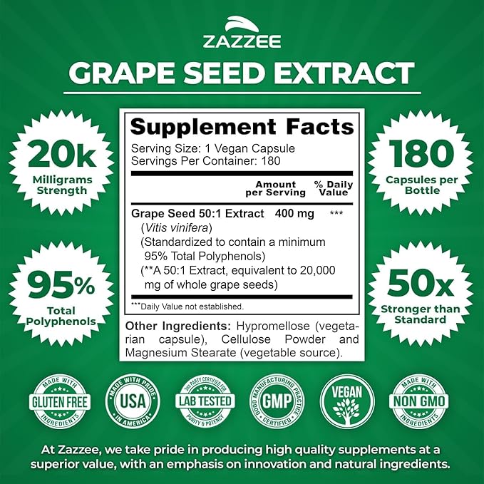 Zazzee Polyphenol Anti Aging Bundle | Antioxidant Rich 50:1 Grape Seed Extract Capsules and Organic Blueberry Extract Supplement | Non-GMO Vegan &amp ISO Lab Tested (120 Servings Each)