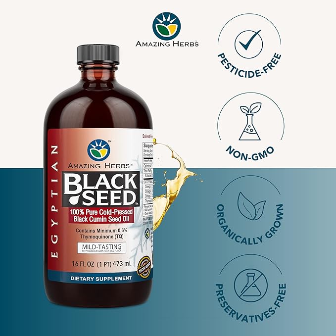 Amazing Herbs Egyptian Black Seed Oil - Gluten Free Non GMO Cold Pressed Nigella Sativa Aids in Digestive Health Immune Support Brain Function Mild Flavor - 16 Fl Oz