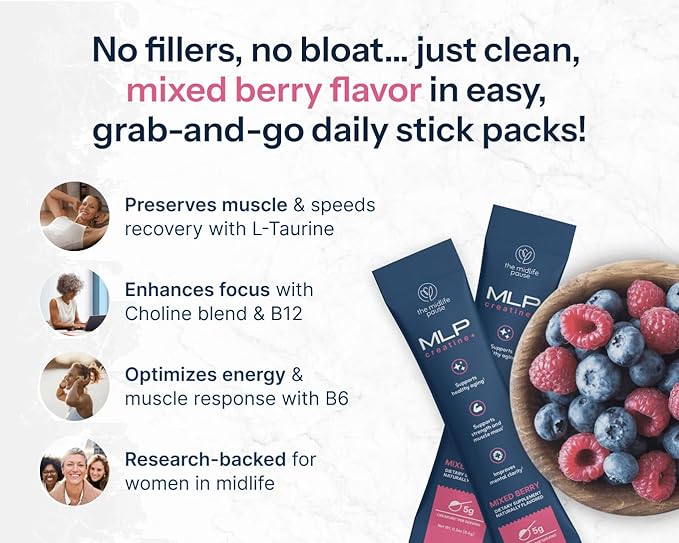 Midlife Pause MLP Creatine + Creapure Creatine Powder Mixed Berry 30 Servings Stick Packs 5g per Serving Alpha GPC + B Vitamins Supports Strength Lean Muscle &amp Recovery for Women