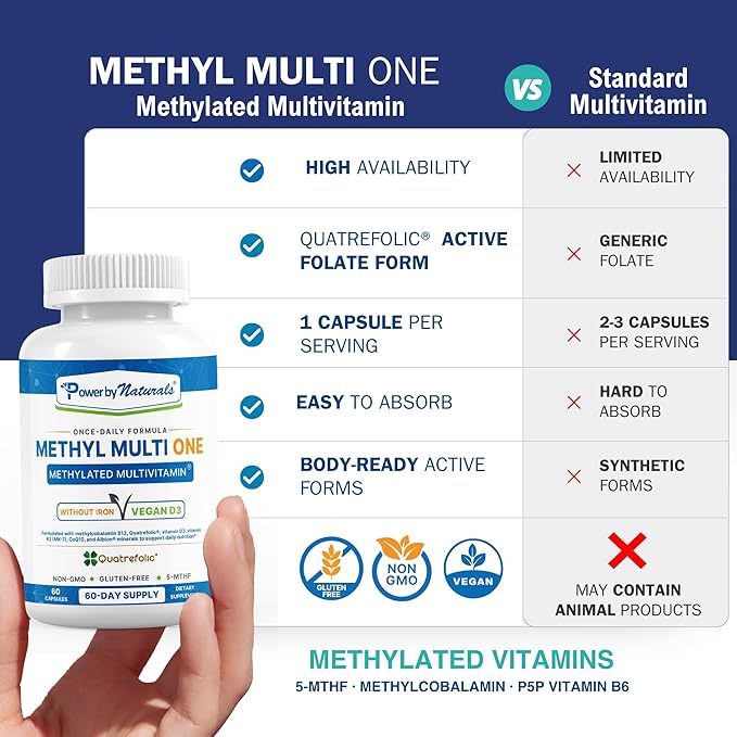 Power By Naturals Methyl Multi One – Iron-Free Methylated Multivitamin with 5-MTHF Methyl B12 &amp CoQ10 – Methylation Support for Men &amp Women – Vegan Non-GMO – 60 Capsules (2-Month Supply)