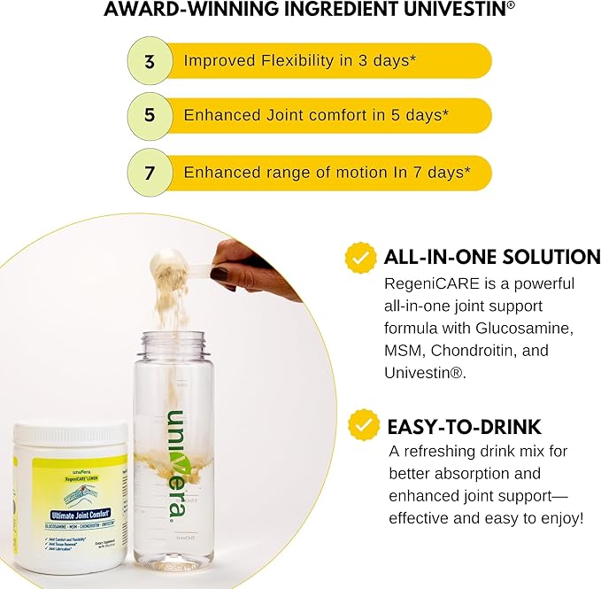 Univera RegeniCARE Gift Set with Bottle and Frother – Joint Support with Glucosamine Univestin MSM Chondroitin – 30 Servings Lemon