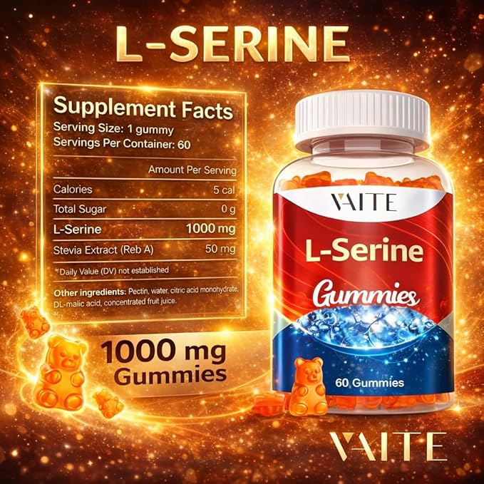 L-Serine Gummies 1000mg - Pure L Serine Supplement for Cognitive Function and Nervous System Health Phosphorylated LSerine Supplements for Brain Support Non-GMO Gluten Free 60 Vegetarian Gummy