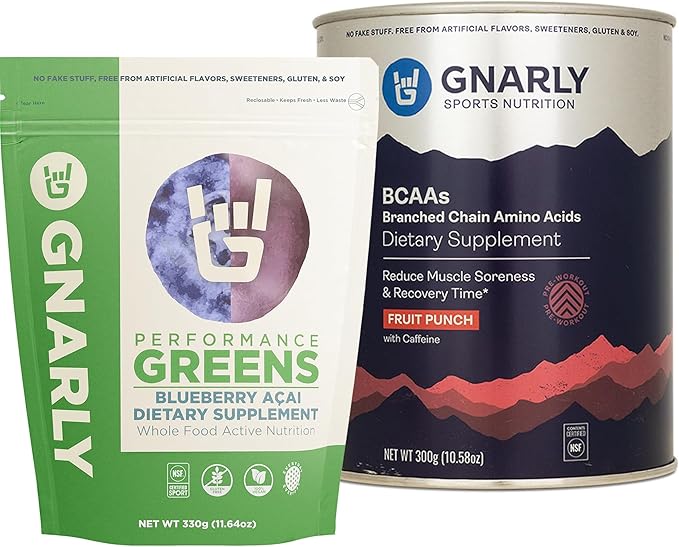 Gnarly Nutrition BCAAs Fruit Punch (10.58oz) Performance Greens Blueberry Açai (11.64 oz)