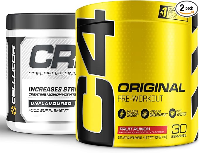 Cellucor Pre Workout &amp Creatine Bundle C4 Original Pre Workout Powder Fruit Punch 30 Servings + Cor Performance Creatine Powder 72 Servings