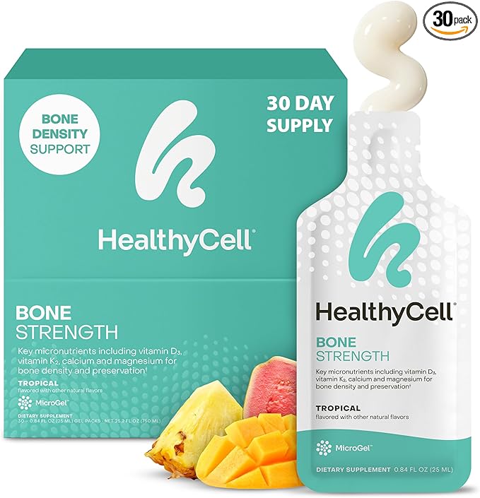 Healthycell Bone Strength Liquid Supplement - Bone Health Supplement with Calcium Magnesium Vitamin D3 &amp Vitamin K2 for Bone Density &amp Preservation - 30 Gel Packs Tropical Flavored