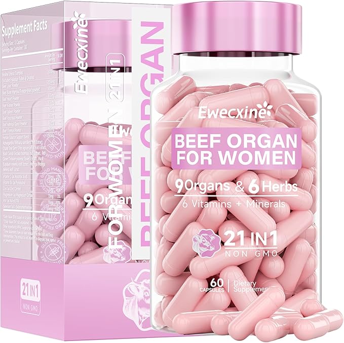 Beef Organ Supplement for Women | 9-Organ Formula with Herbal Support Liver Uterus Ovary Heart &amp Kidney for Feminine Balance &amp Energy | New Zealand Grass-Fed | 60 Capsules