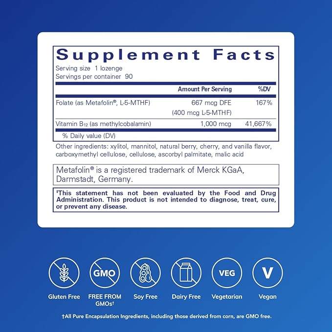 Pure Encapsulations PureMelt B12 Folate - Active B Vitamin with L-5-MTHF - Metabolism Support &amp Red Blood Cell Function* - Non-GMO &amp Vegan - 90 Lozenges
