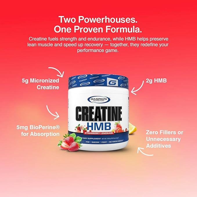 Gaspari Nutrition Creatine HMB Micronized Creatine Monohydrate and HMB Delivers Strength Muscle Protection and Training Performance (30 Servings Strawberry Lemonade)