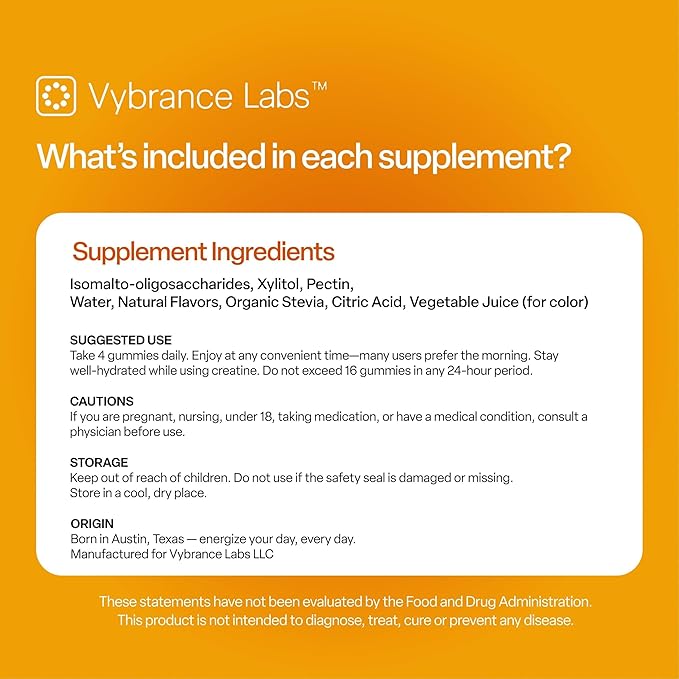 VYBRANCE LABS 3-in-1 Creatine Monohydrate Gummies | 5g Creatine + Taurine + Vitamin B12 | Muscle Strength Brain Energy &amp Focus | Sugar-Free Vegan | Men &amp Women | Citrus Mango