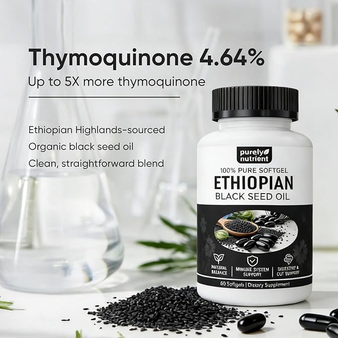 Ethiopian Black Seed Oil Capsules 4.64% Thymoquinone – Purely Nutrient Organic Cold Pressed Black Cumin Seed Oil Softgels Non-GMO Gluten-Free 60 Softgels